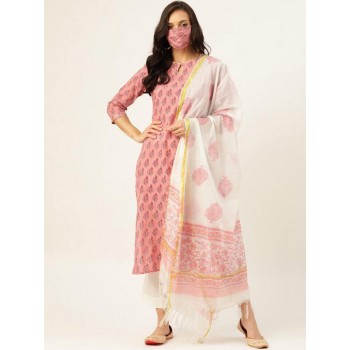 Pink Ethnic Motifs Printed Pure Cotton Kurta with Trousers & Dupatta