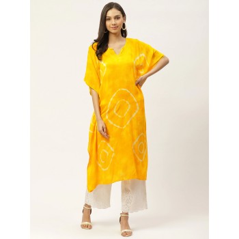 Yellow & Off White Tie and Dye Kaftan Midi Dress