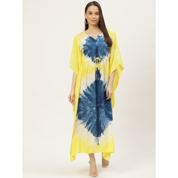 Yellow & Blue Tie and Dye Kaftan Maxi Dress