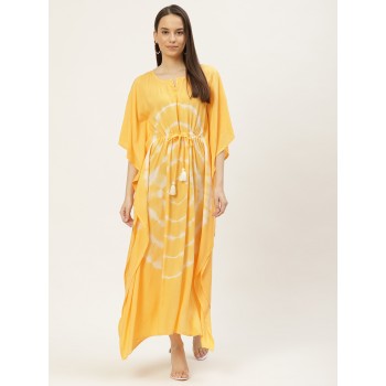 Mustard Yellow & Off White Tie and Dye Kaftan Maxi Dress