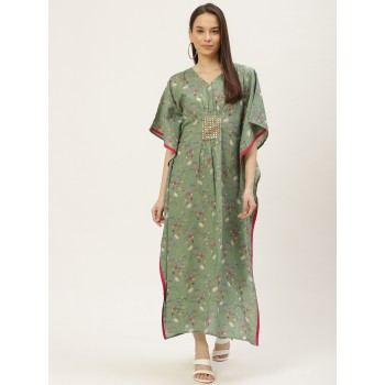 Green & Pink Cotton Floral Printed Kaftan Maxi Dress