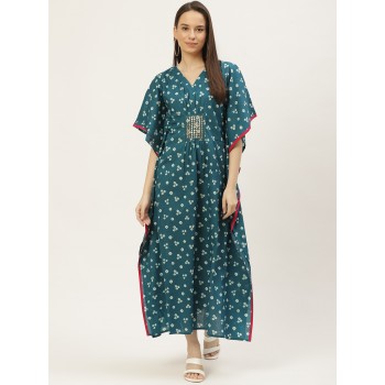 Teal Blue & Off White Embroidered Kaftan Maxi Dress