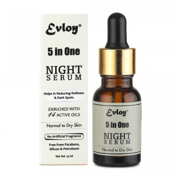 EVLOY 5 IN ONE NIGHT SERUM | HELPS IN REDUCING DULLNESS & DARK SPOTS | ENRICHED WITH 14 ACTIVE OILS | 15 ML | FOR NORMAL TO DRY SKIN